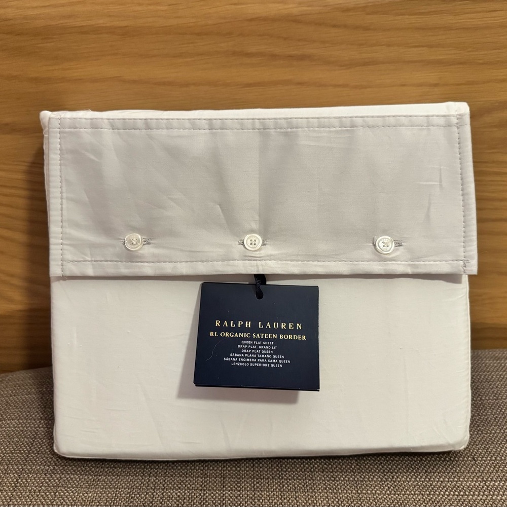 NWT Ralph Lauren RL Organic Cotton Sateen Border QUEEN Flat Sheet True Platinum